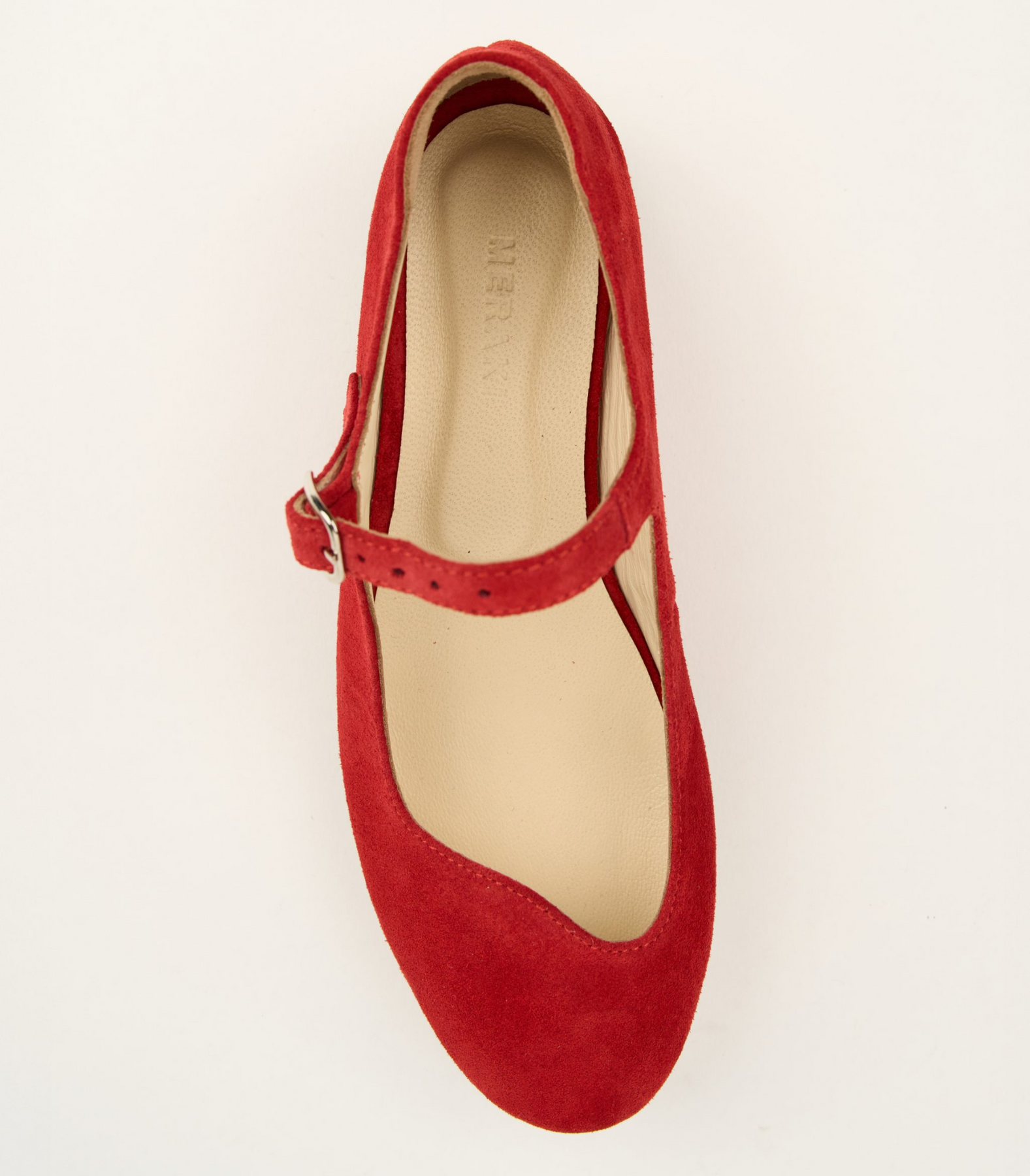 Red suede Mary Janes with wavy cut