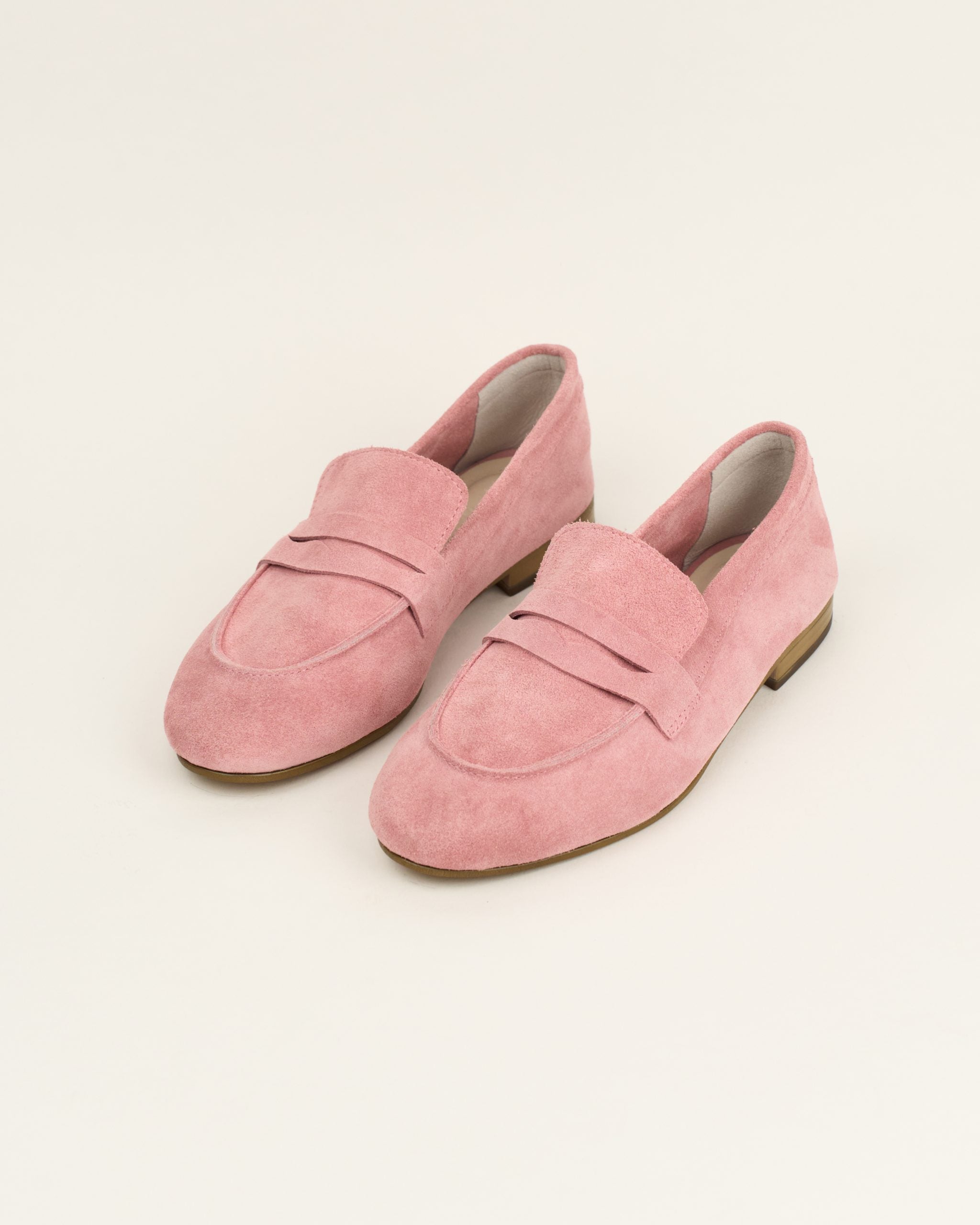 Baby pink suede loafers