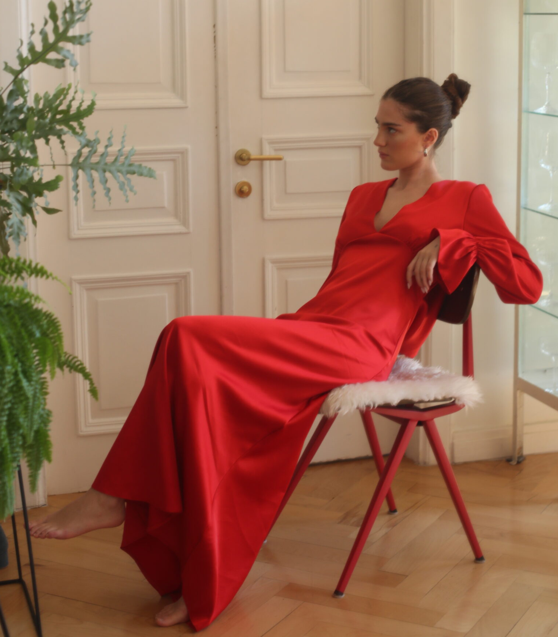 Red silk backless maxi