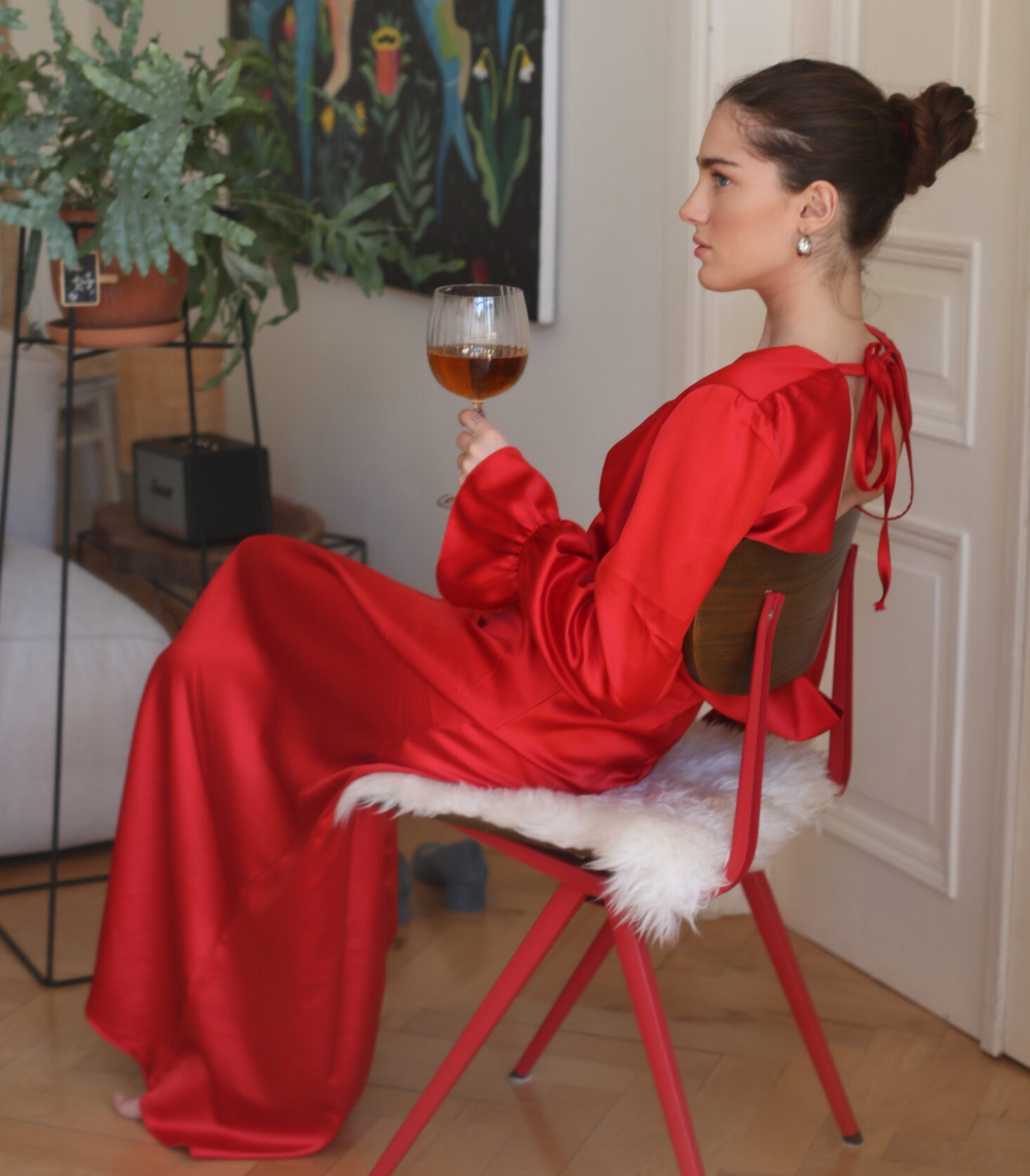 Red silk backless maxi