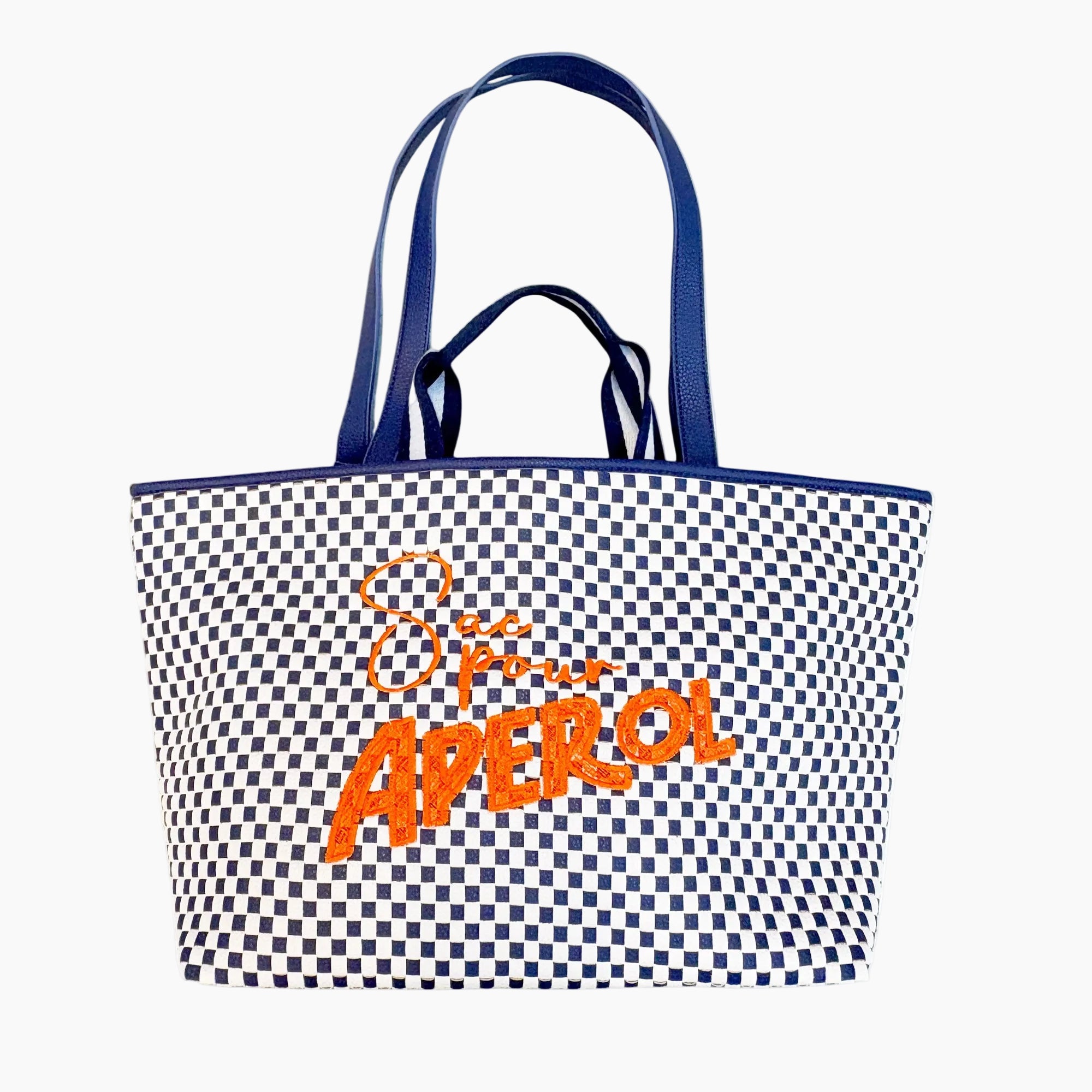 Tote bag with checkered pattern and 'Aperol' branding on a white background