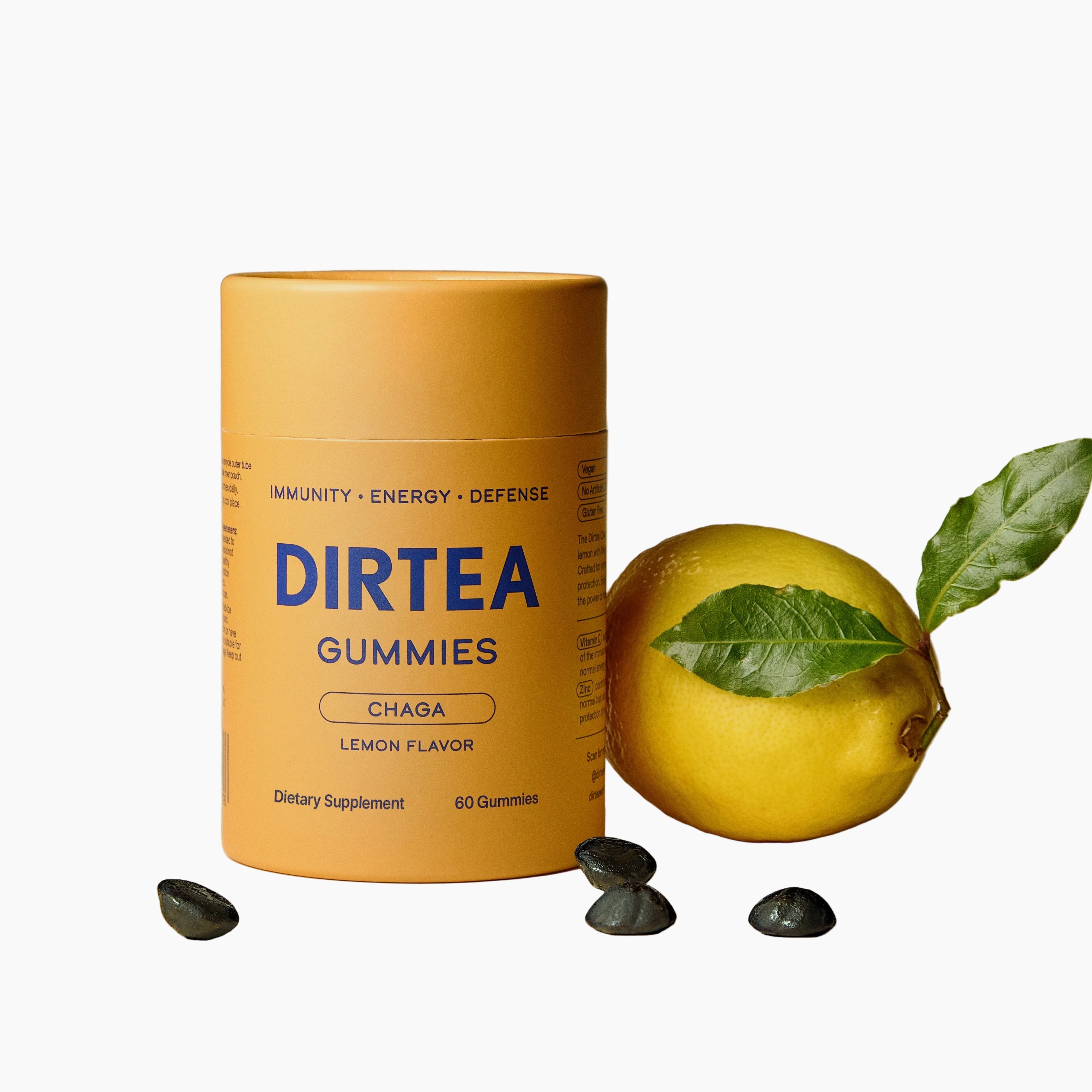 Dirtea Gummies container with a lemon and chaga mushrooms on a beige background