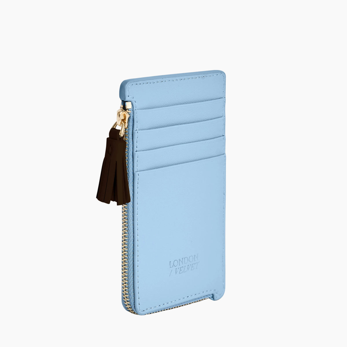 Light blue wallet with a tassel on a white background