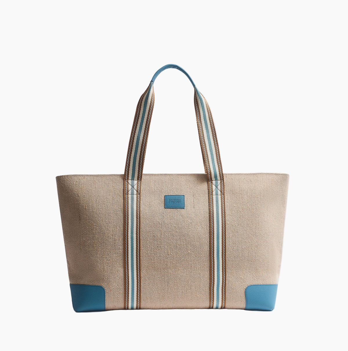 Beige tote bag with blue accents on a light gray background
