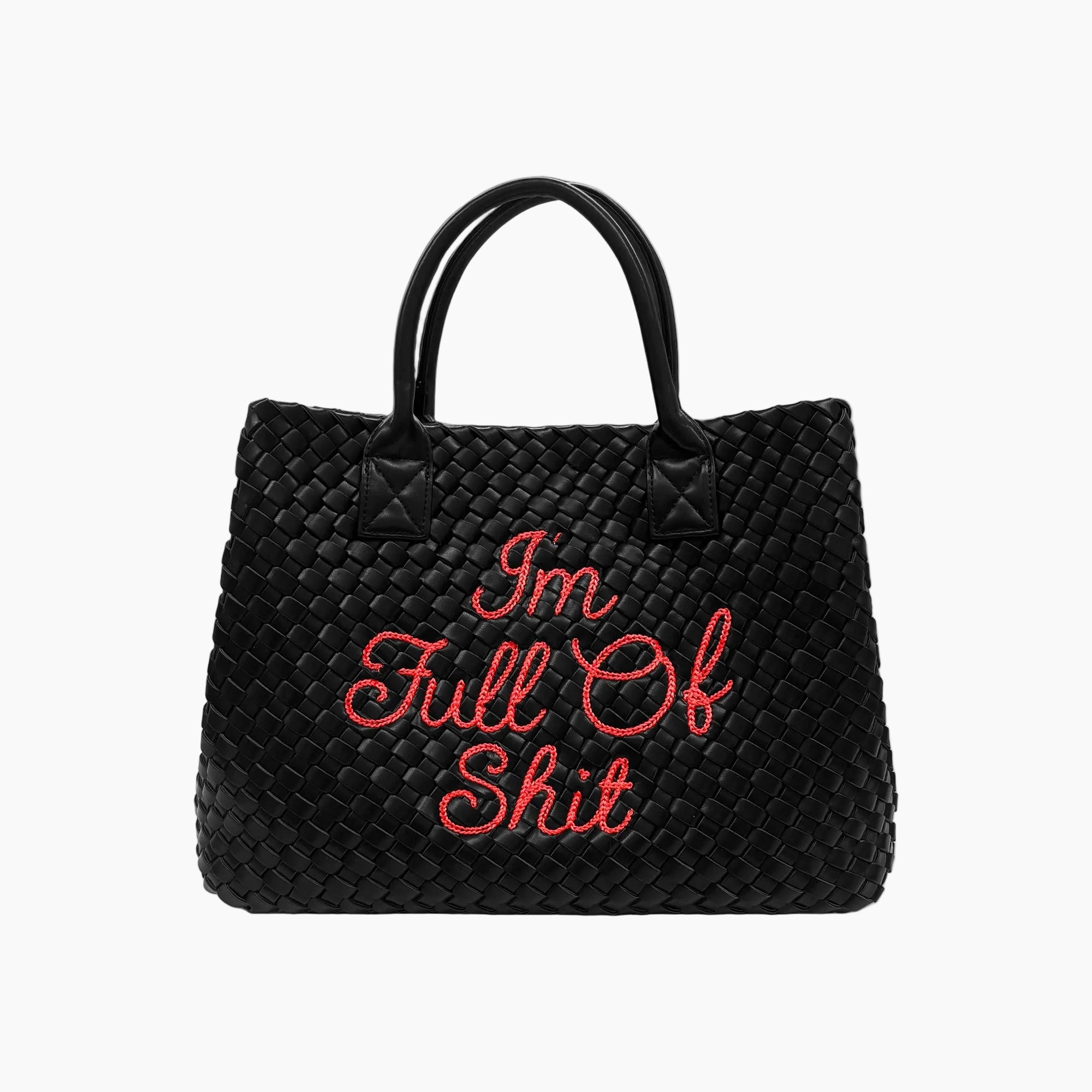 Black woven handbag with red text on a white background