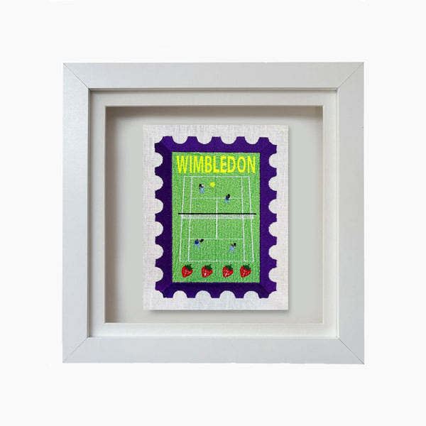 Framed artwork of a Wimbledon stamp design on a white background