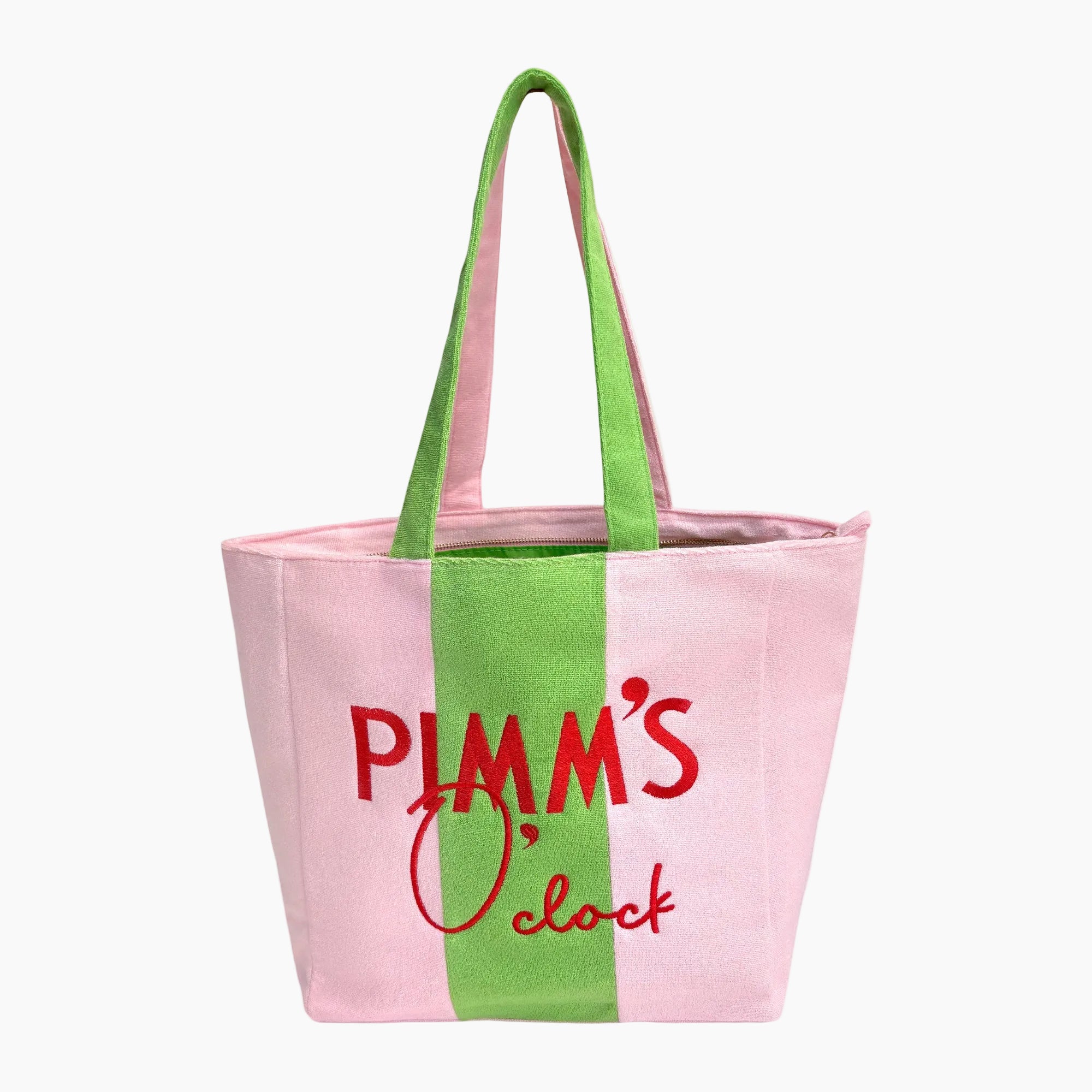 Pink and green tote bag with &