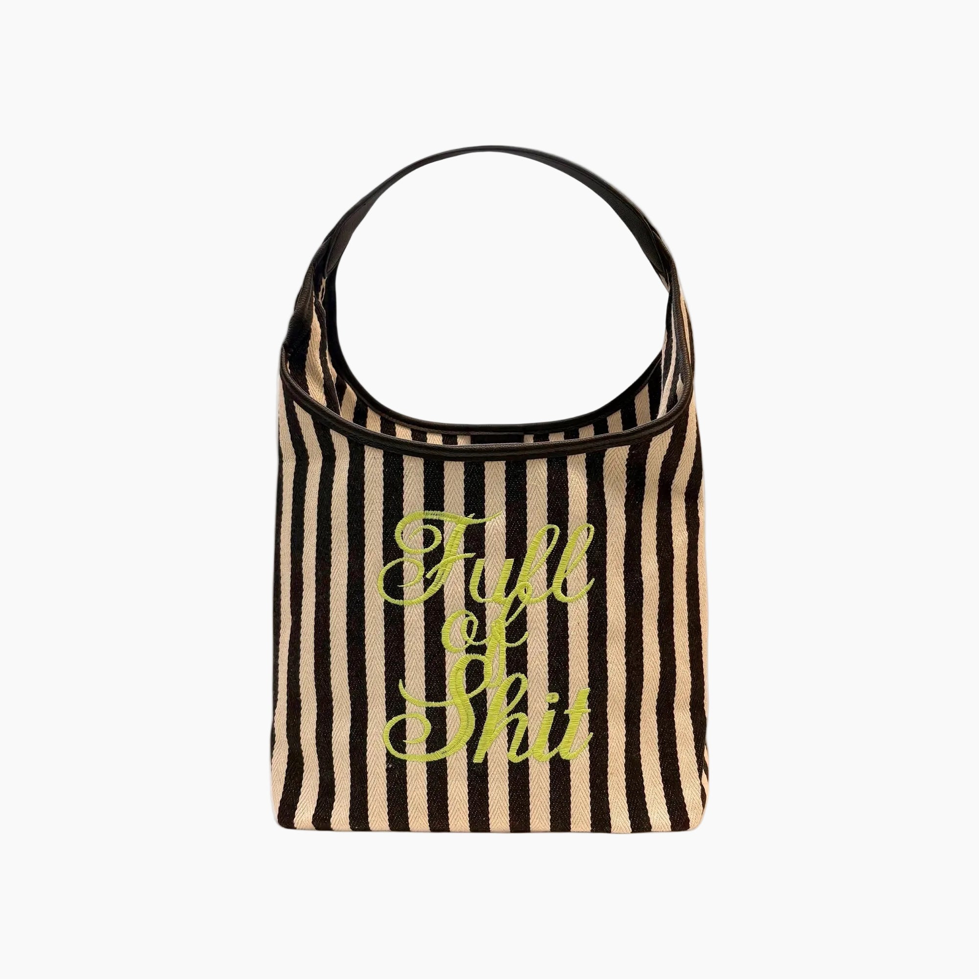Striped bag with text on a white background