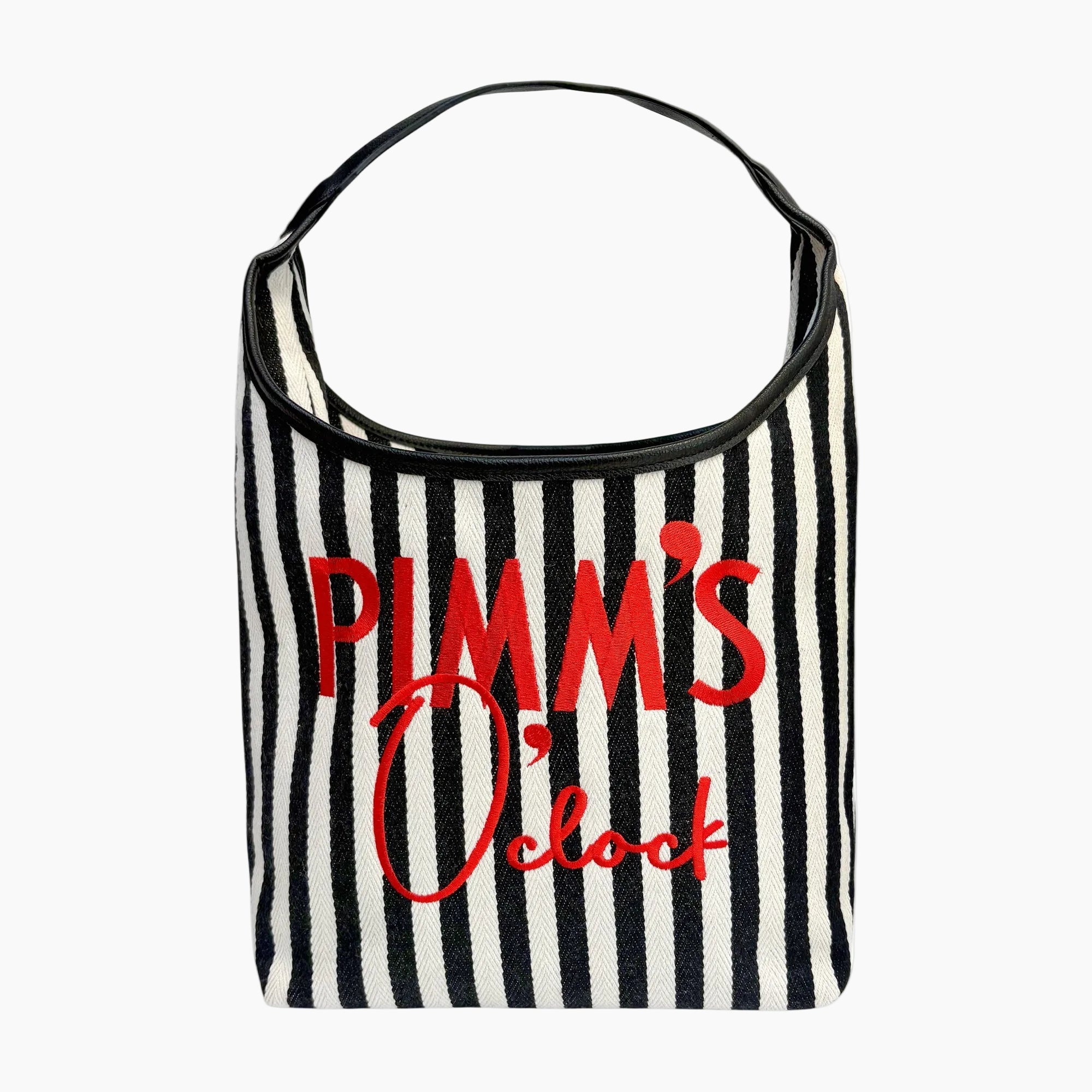 Black and white striped bag with red text 'Pimm's O'clock' on a white background