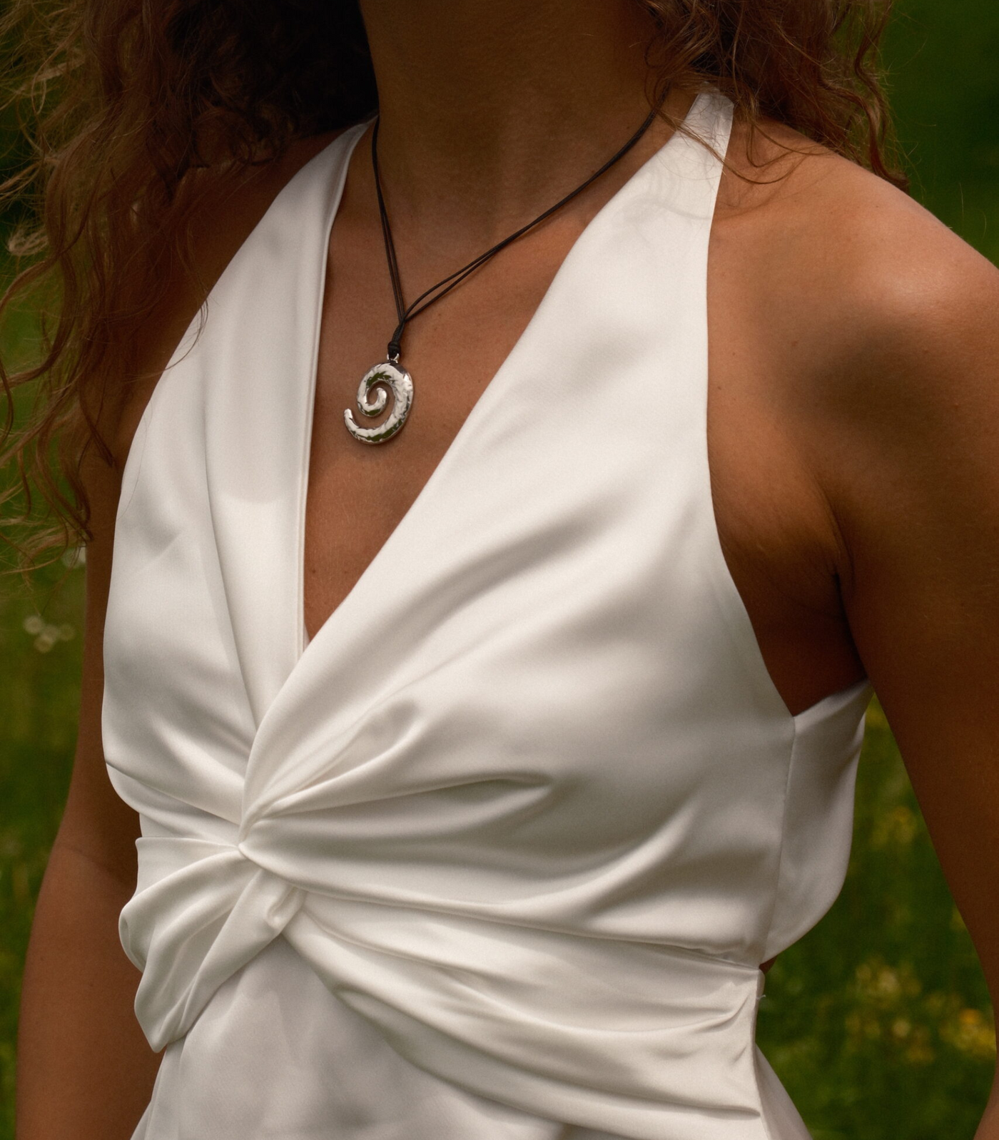 White silk swirl knot dress