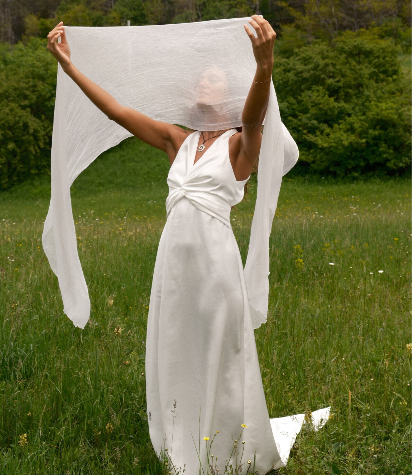 White silk swirl knot dress