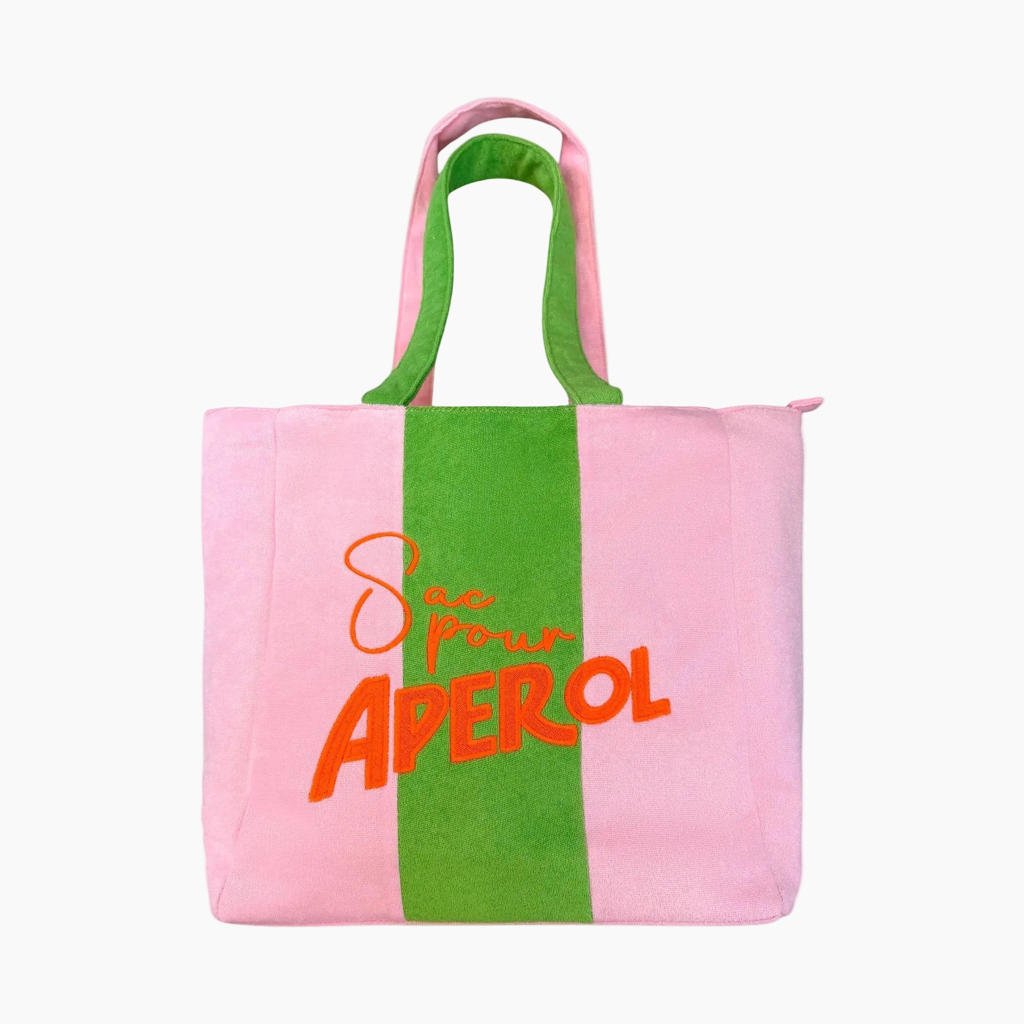 Pink and green tote bag with text on a white background