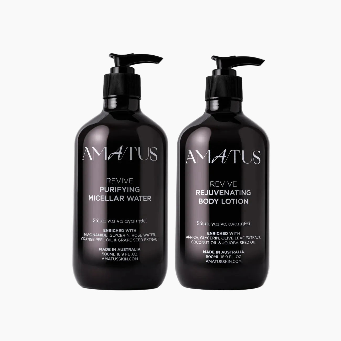 Two black bottles of AMATUS skincare products on a white background