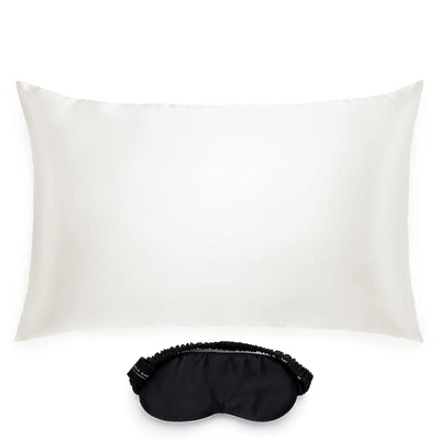 Silk ivory pillowcase and black eye mask set