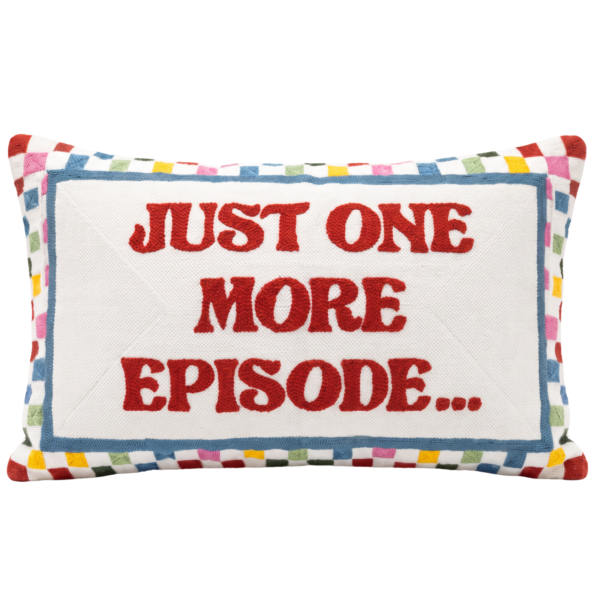 Just One More Episode needlepoint cushion by The Pillow Drop