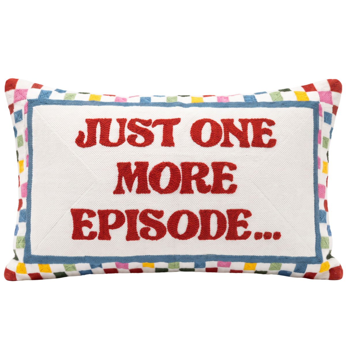 Just One More Episode needlepoint cushion by The Pillow Drop