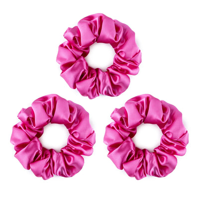 Set of three bright pink fuchsia silk scrunchies made from 100% pure mulberry silk – Silk Works