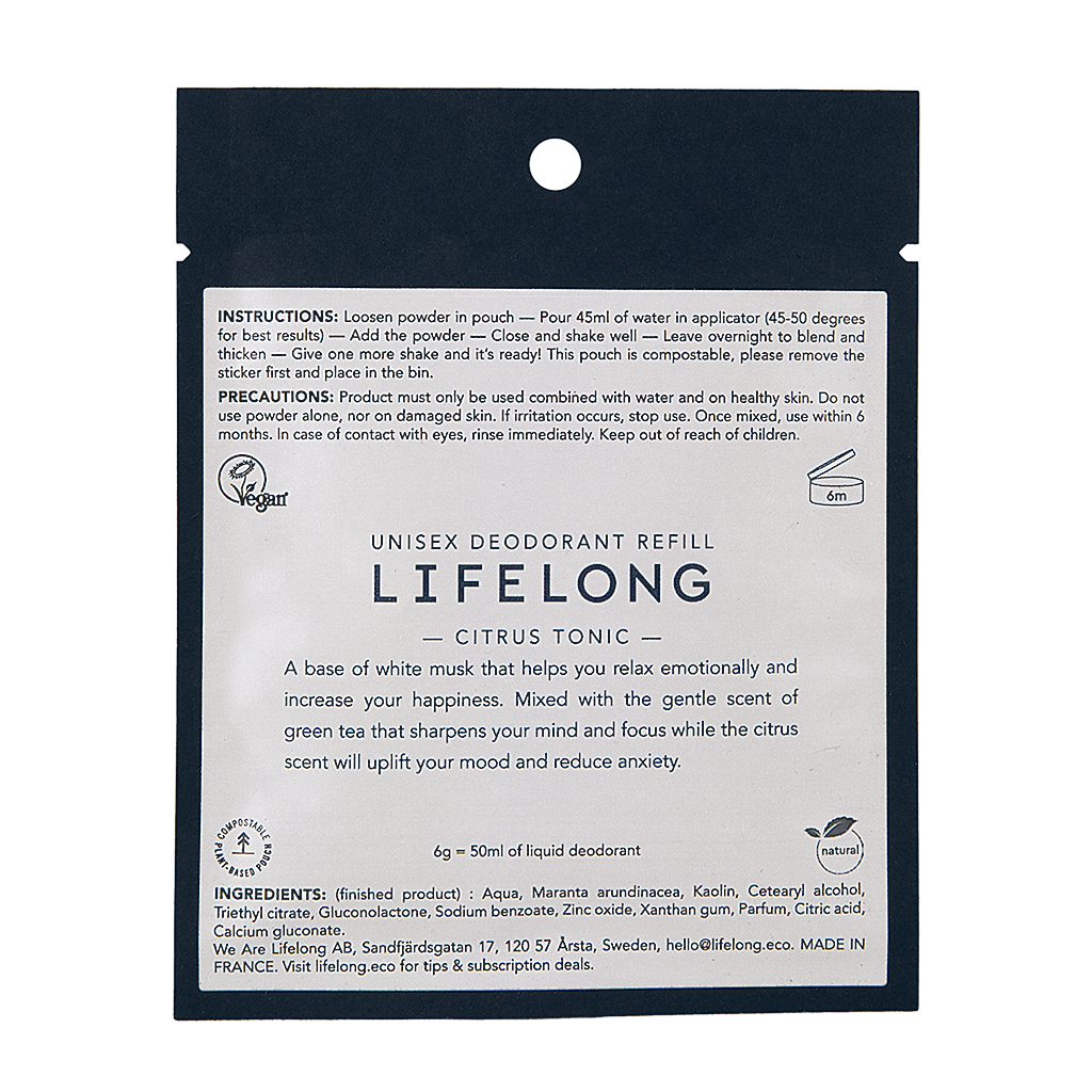 Black pouch with white label. Label describes the scent "Citrus Tonic". The pouch is a refill for refillable sustainable roll-on deodorant from the brand Lifelong. 