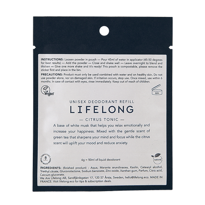 Black pouch with white label. Label describes the scent "Citrus Tonic". The pouch is a refill for refillable sustainable roll-on deodorant from the brand Lifelong. 