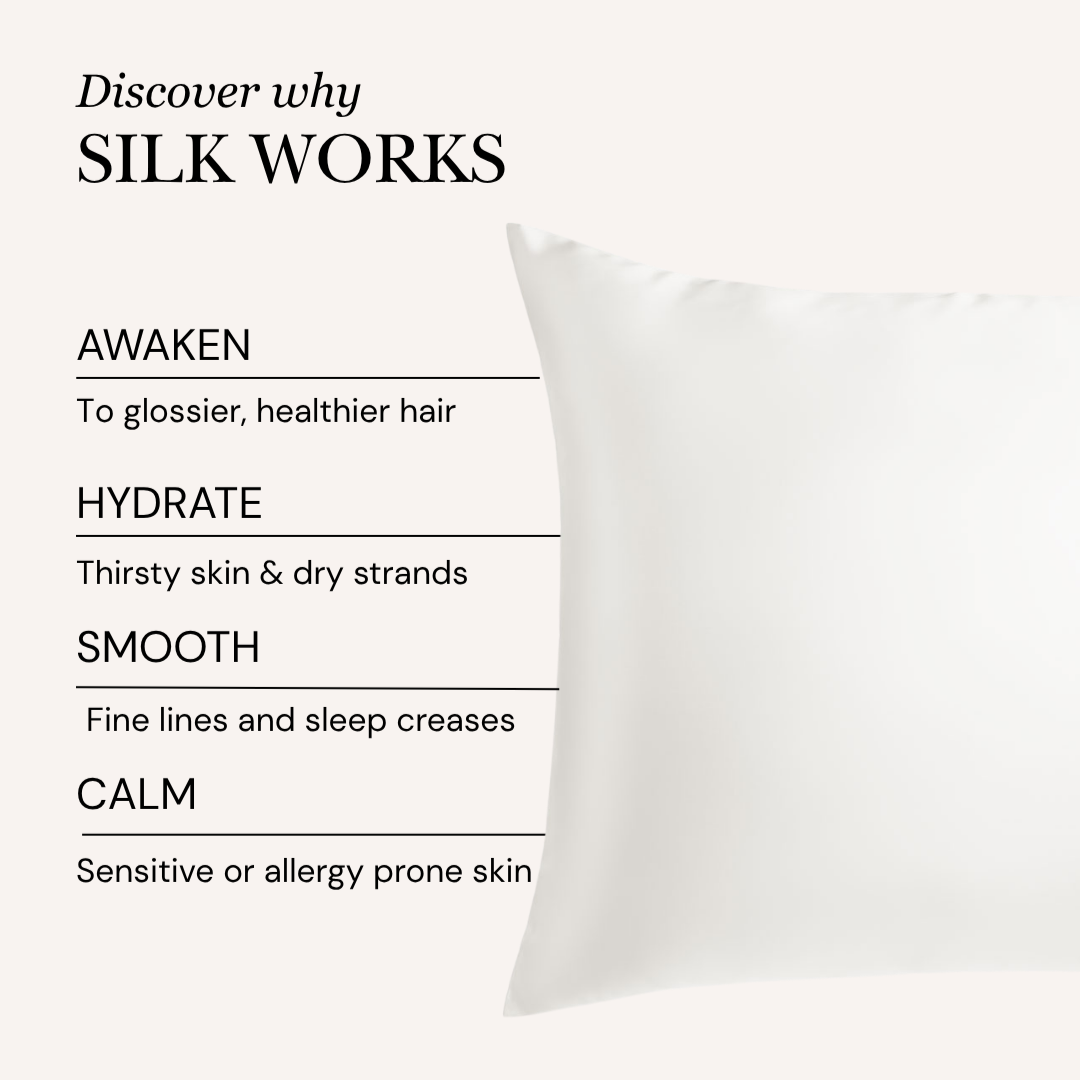 Silk pillowcase with benefits listed on a white background
