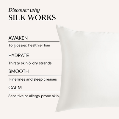 Silk pillowcase with benefits listed on a white background