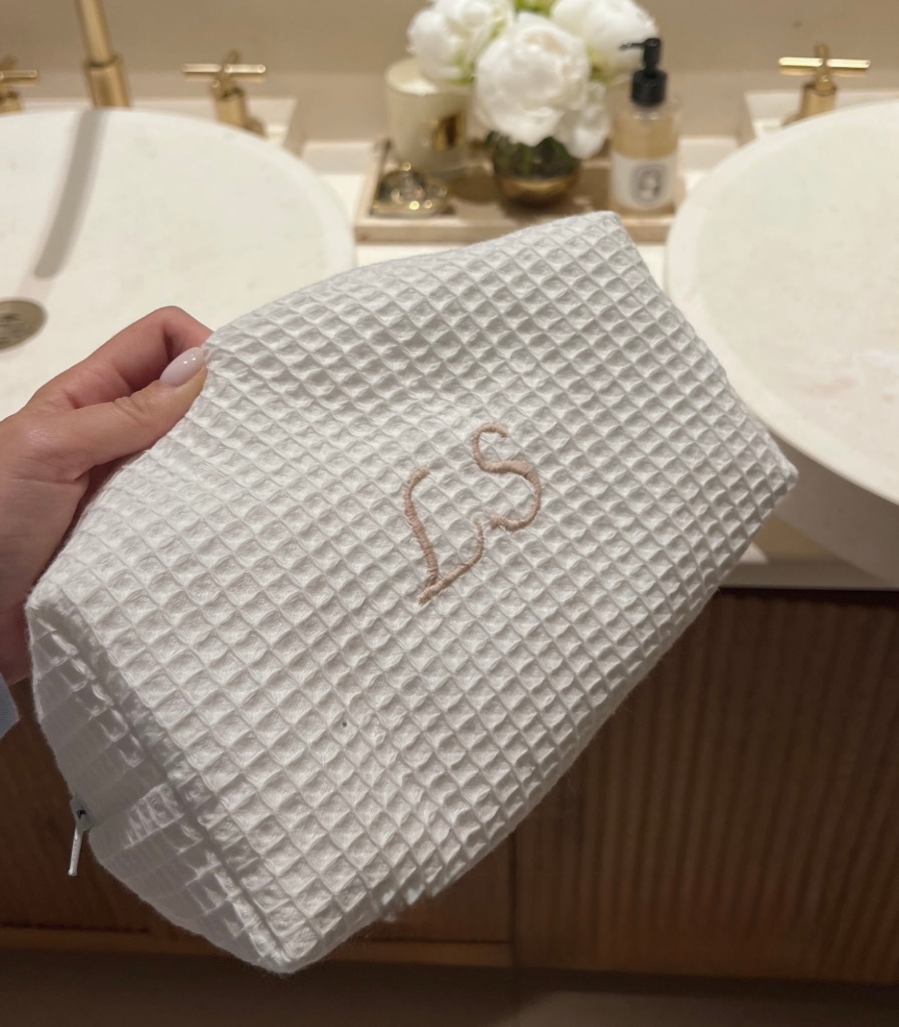 Monogramed White Waffle make up bag