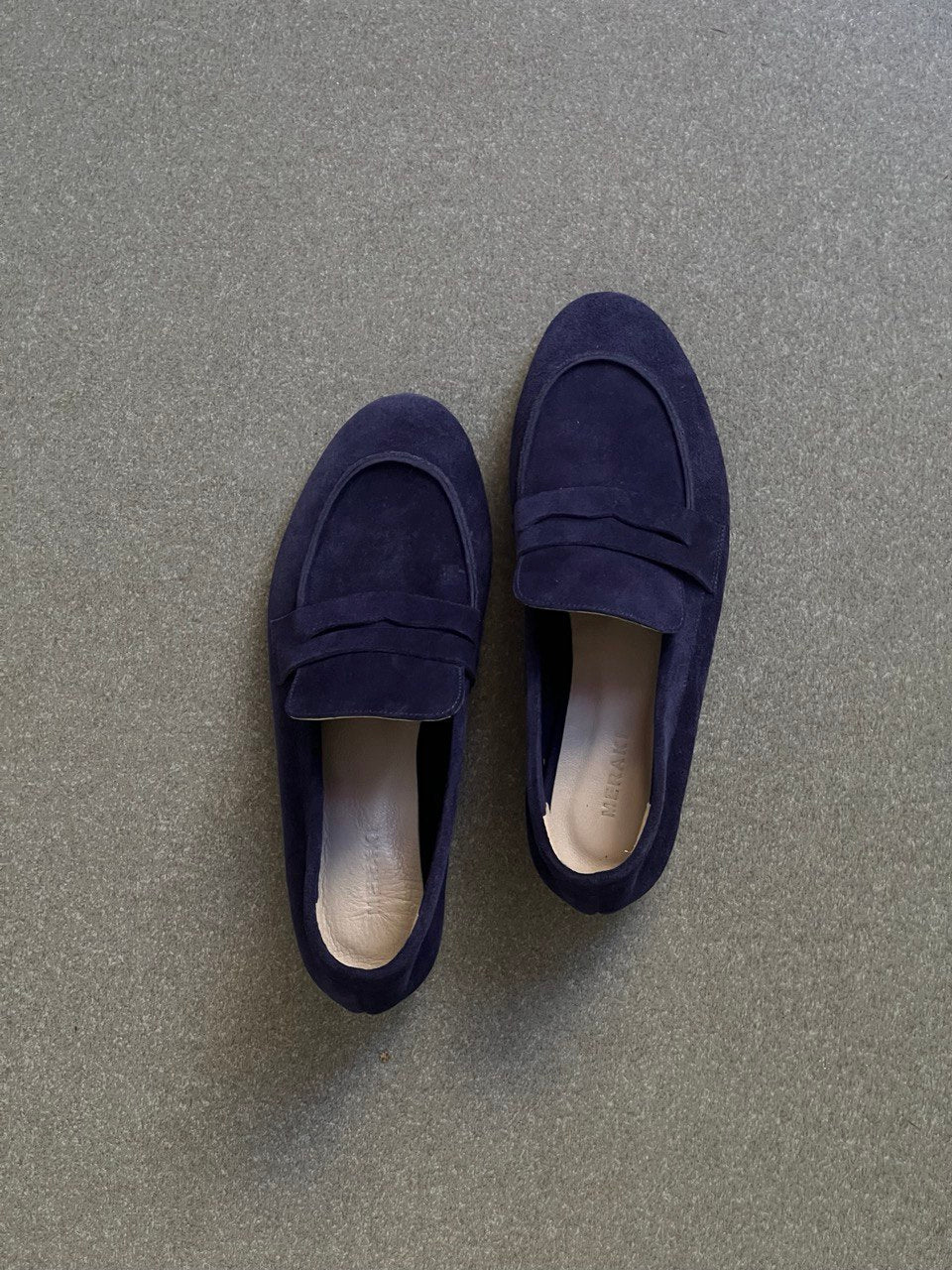 Dark blue suede loafers