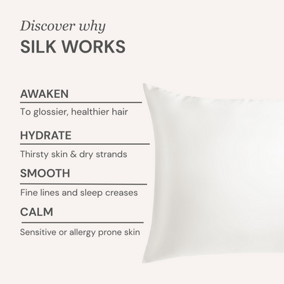 Silk pillowcase with text highlighting its benefits on a white background