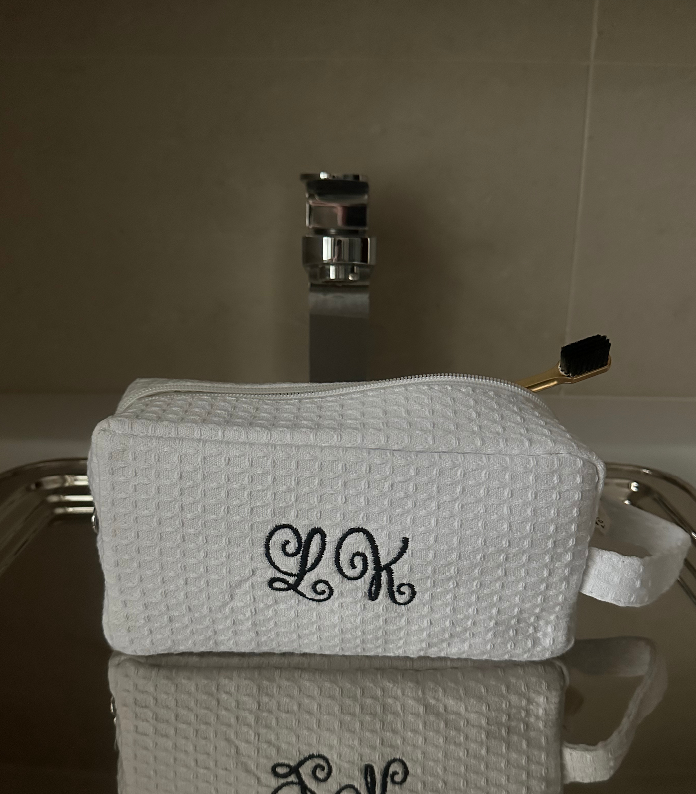 Monogramed White Waffle make up bag