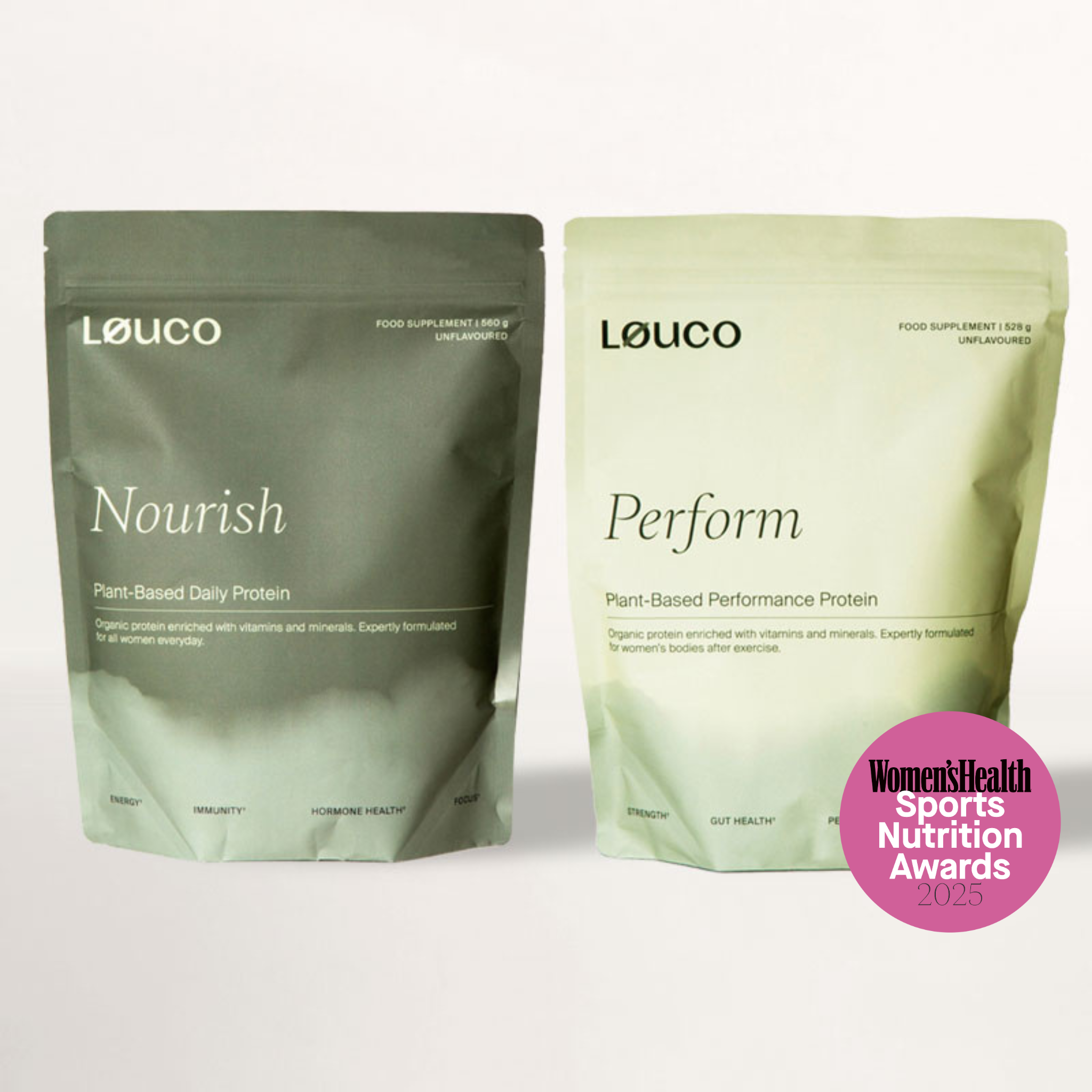 Two LOUCO protein powder packages, one labeled 'Nourish' and the other 'Perform', on a white background with a Women's Health Sports Nutrition Awards badge.