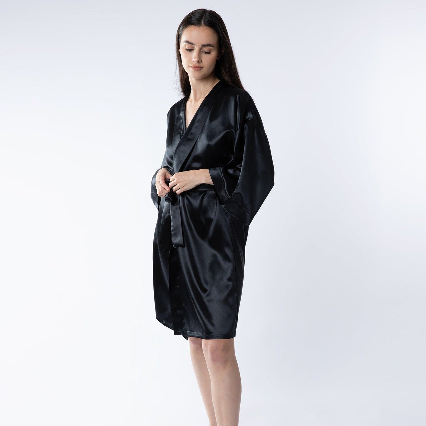 Lady wearing 100% mulberry silk black robe