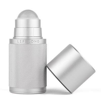 Silver-coloured refillable deodorant with lid off. It has knurled texture and a Lifelong logo in the middle. The lid has discrete black details. 