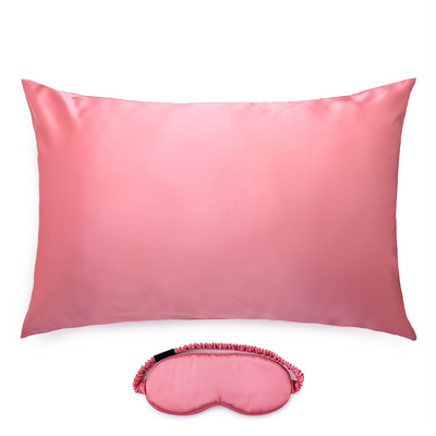 Watermelon coloured mulberry silk pillowcase and matching silk eye mask.