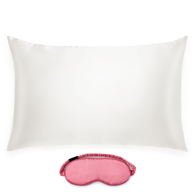 Mulberry silk ivory pillowcase and watermelon coloured silk eye mask.