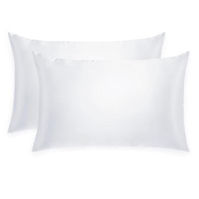 Pair of Silk Works 100% mulberry silk pillowcases in bright white, shown on a white background.