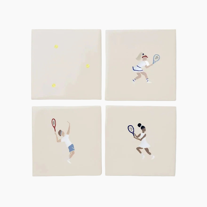 Four square tiles with illustrations of a tennis player and ball on a beige background