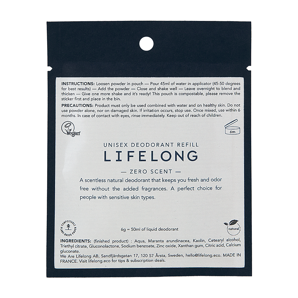 Black pouch with white label. Label describes the scent "Zero Scent", meaning, this refill is perfume-free. The pouch is a refill for refillable sustainable roll-on deodorant from the brand Lifelong. 