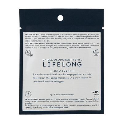 Black pouch with white label. Label describes the scent "Zero Scent", meaning, this refill is perfume-free. The pouch is a refill for refillable sustainable roll-on deodorant from the brand Lifelong. 