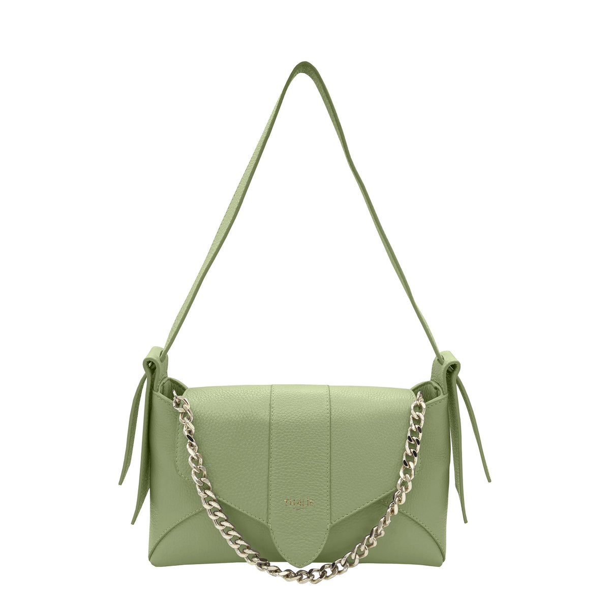 Aglae Mint Green leather shoulder bag by THALIE Paris – front view with sculpted flap and removable light-gold chain.