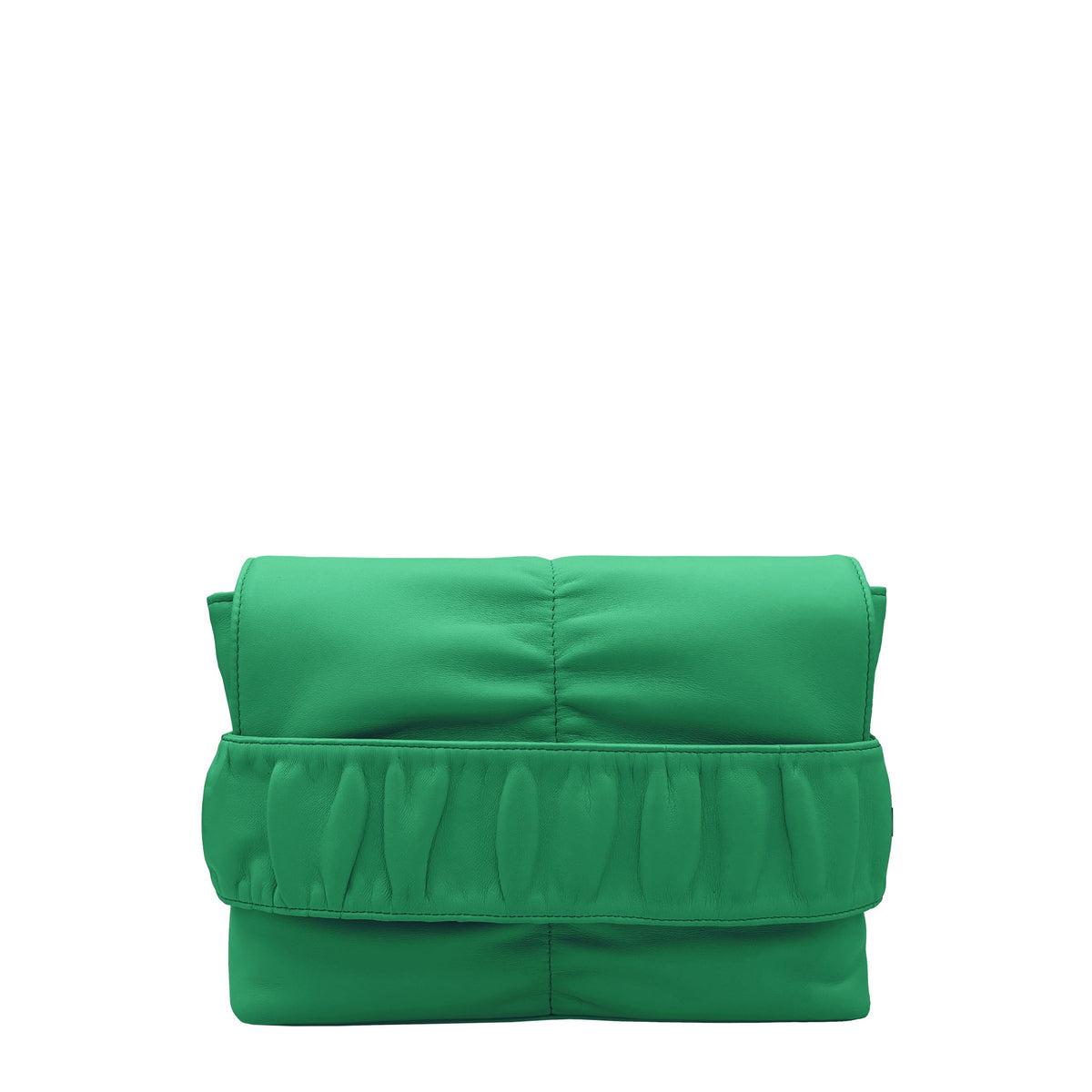 Front view of the Apolline Green bag in soft nappa lambskin by THALIE Paris.