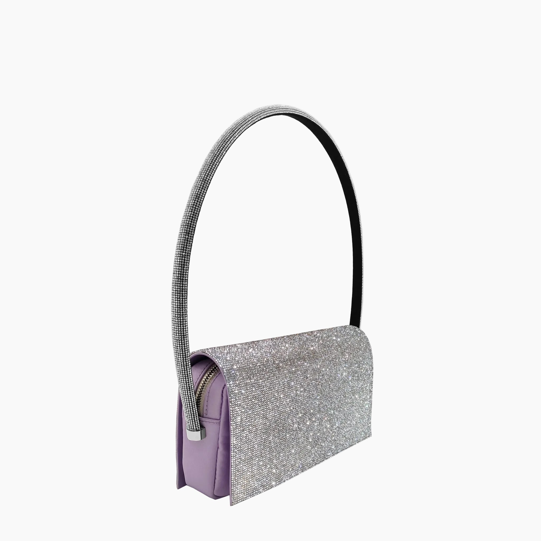 Ava amethyst evening shoulder bag in satin with rhinestone handle and structured silhouette. Thalie Paris 