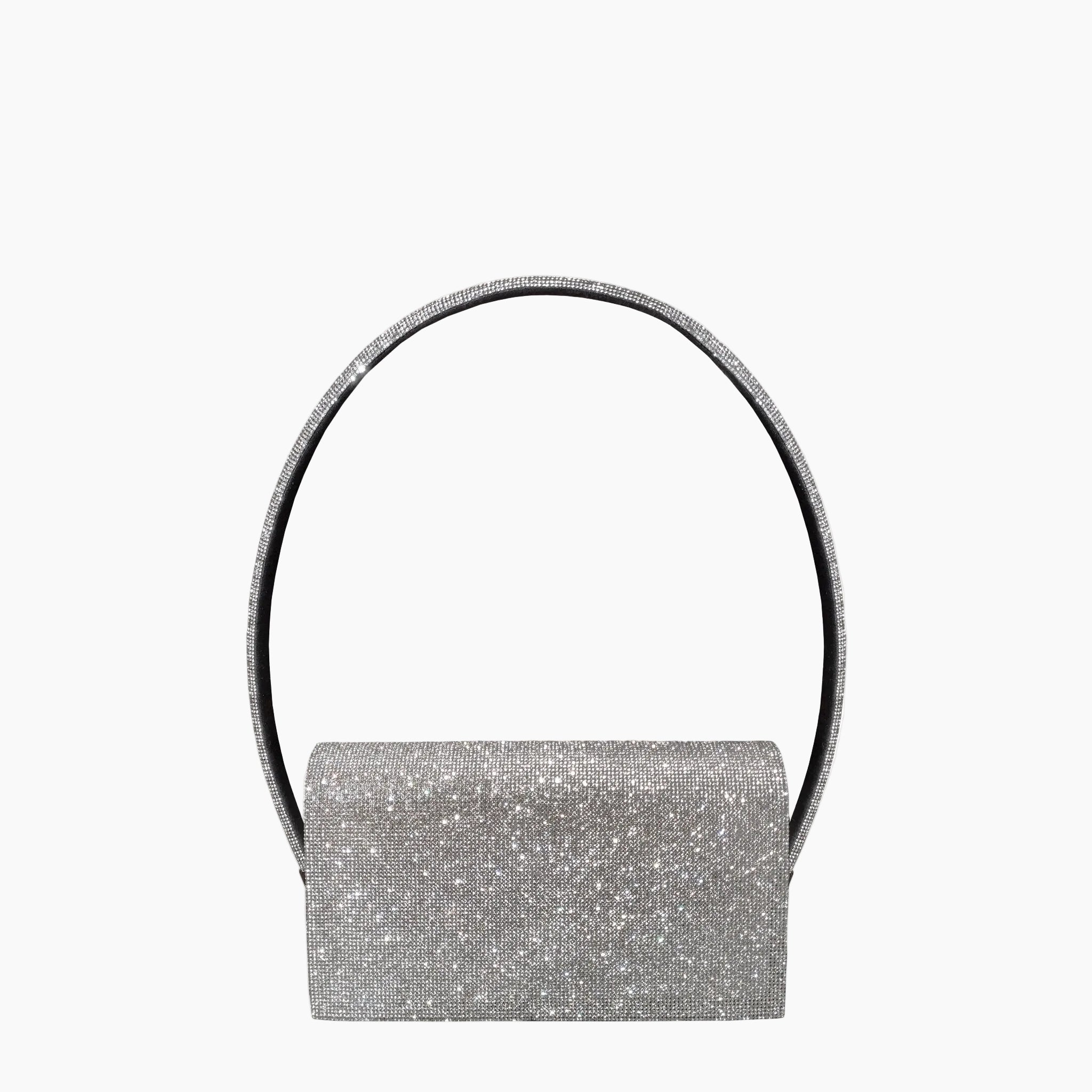 Ava black evening shoulder bag in satin with sparkling crystal handle, Italian craftsmanship. Thalie Paris 