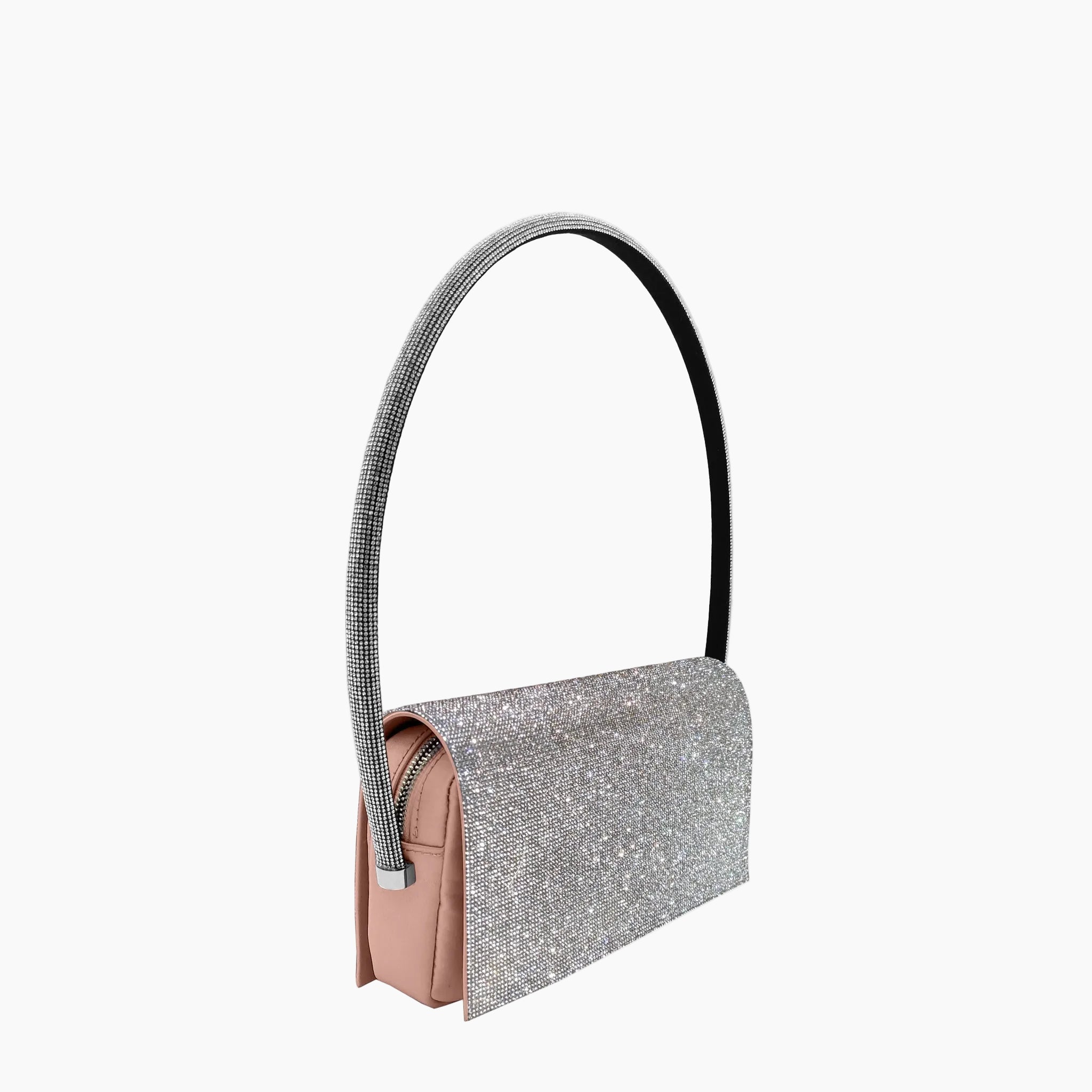 Side view of Ava nude pink crystal evening bag with structured design and crystal handle. Thalie Paris