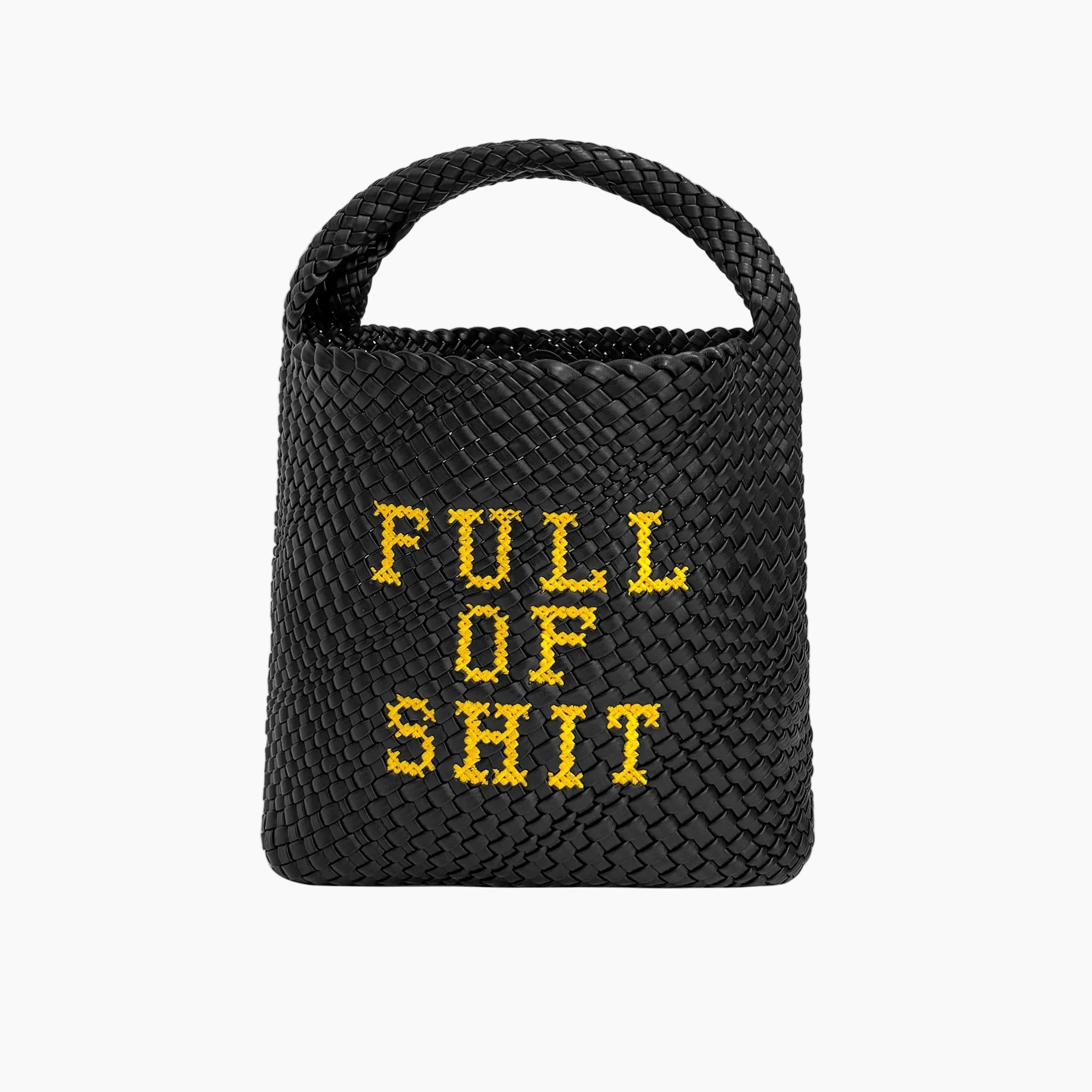 Black woven bag with 'FULL OF SHIT' text in yellow on a white background