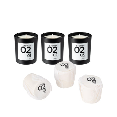 STORIES Nº.02 BOUGIE PARFUMÉE, PERFUMED CANDLE TRIO PLUS REFILLS