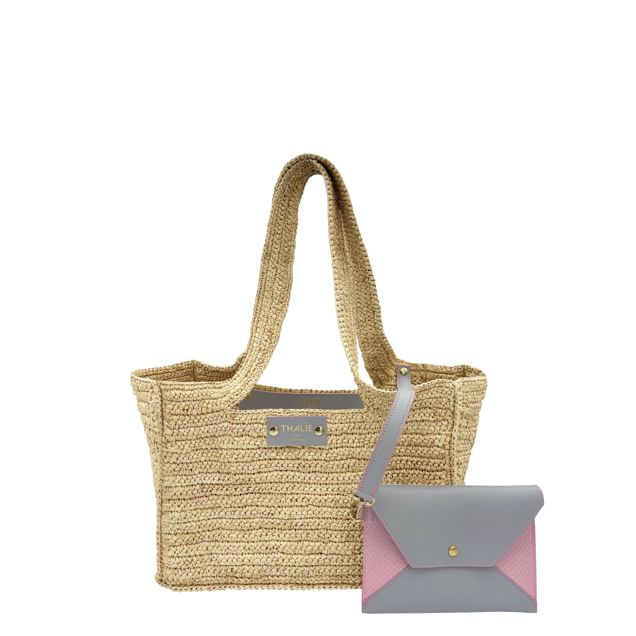 Celeste natural raffia tote bag with detachable grey and rose leather pouch, front view. Thalie Paris 