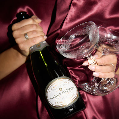 Person holding a bottle and two glasses of champagne with a red plum silk pillowcase background