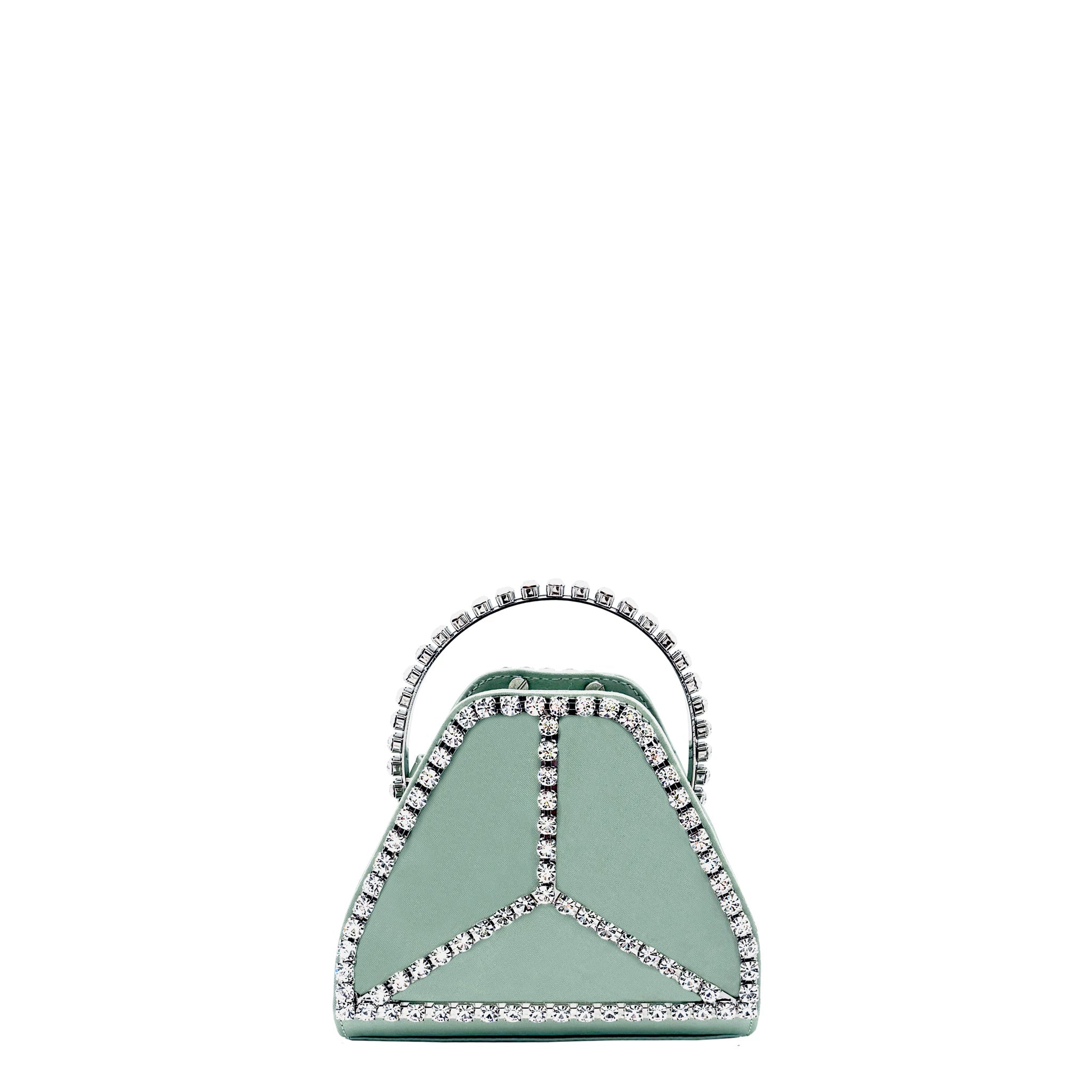 Cleo Mini Strass Mint crystal embellished mini evening bag with structured top handle, front view on white background. Thalie Paris 