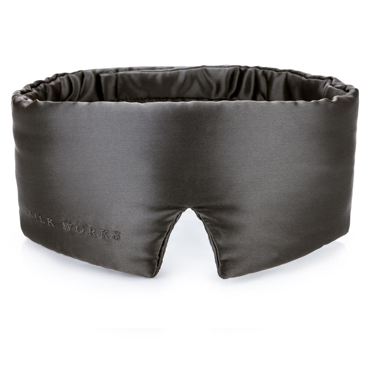 Grey Cloud contoured silk eye mask – front view of 100% pure mulberry silk with padded design for light blocking and gentle skin protection