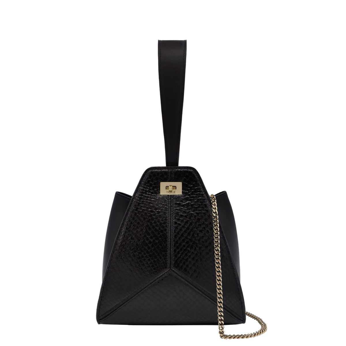 Front view of the THALIE Paris Livia Black salmon leather bag with triangular patchwork, gold hardware and removable chain strap.